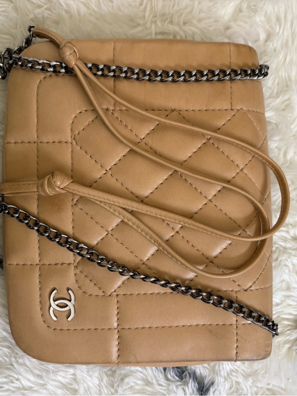 Vintage CHANEL Square CC Flap • Quilted Lambskin Crossbody • Tan • Silver Chain
